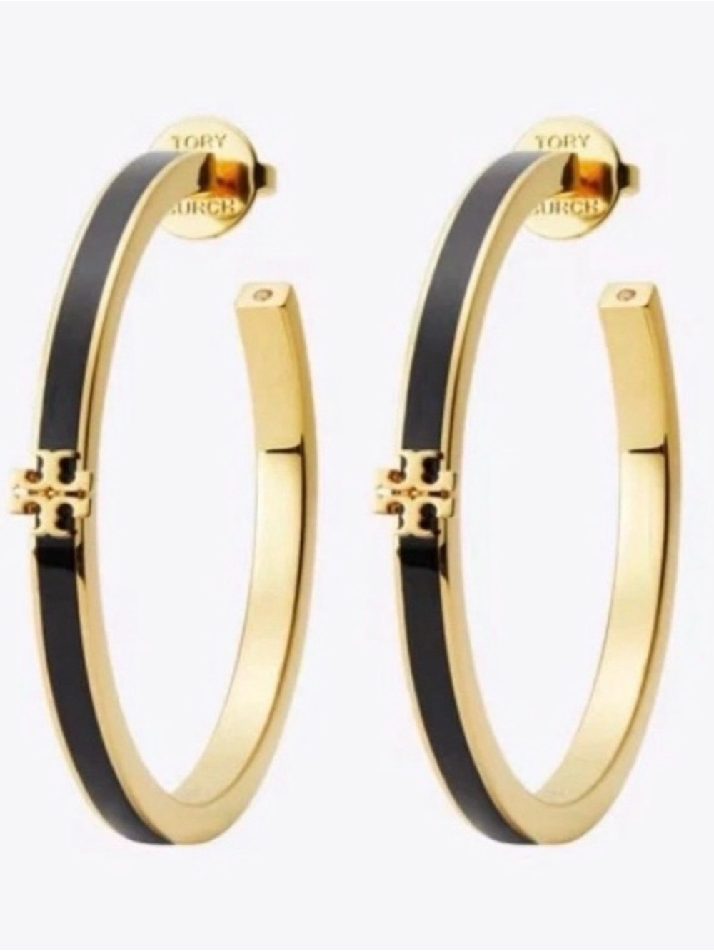 Tory Burch Gold LargeHoop Earrings with Black Enamel - Picture 5 of 6
